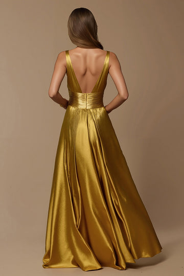 Metallic Golden Satin A-Line Holiday Dress